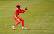 29 August 2021; Milton Shumba of Zimbabwe catches Ireland's Kevin O’Brien during match two of the Dafanews T20 series between Ireland and Zimbabwe at Clontarf Cricket Club in Dublin. Photo by Seb Daly/Sportsfile