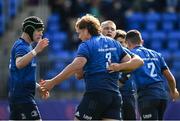 29 August 2021; Patrick McCarthy of Leinster, 3, celebrates after scoring his side's first try with team-mates Diarmuid Mangan, left, and Dan Carroll during the IRFU U18 Men’s Interprovincial Championship Round 2 match between Leinster and Connacht at Energia Park in Dublin. Photo by Harry Murphy/Sportsfile