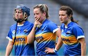 29 August 2021; Tipperary players, from left, Julieanne Bourke, Caoimhe Bourke, and Róisín Howard dejected after the All-Ireland Senior Camogie Championship Semi-Final match between Tipperary and Galway at Croke Park in Dublin. Photo by Piaras Ó Mídheach/Sportsfile
