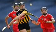 29 August 2021; Aoife Doyle of Kilkenny in action against Pamela Mackey, left, and Saoirse McCarthy of Cork during the All-Ireland Senior Camogie Championship Semi-Final match between Cork and Kilkenny at Croke Park in Dublin. Photo by Piaras Ó Mídheach/Sportsfile