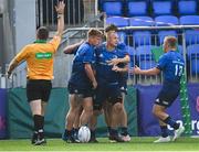 29 August 2021; Ronan Foxe of Leinster celebrates after scoring his side's fourth try with team-mates during the IRFU U18 Men’s Interprovincial Championship Round 2 match between Leinster and Connacht at Energia Park in Dublin. Photo by Harry Murphy/Sportsfile