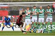 29 August 2021; Ali Coote of Bohemians hits a free kick during the extra.ie FAI Cup second round match between Bohemians and Shamrock Rovers at Dalymount Park in Dublin. Photo by Stephen McCarthy/Sportsfile