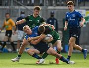29 August 2021; Eoin Ryan of Connacht is tackled by Hugh Cooney of Leinster during the IRFU U18 Men’s Interprovincial Championship Round 2 match between Leinster and Connacht at Energia Park in Dublin. Photo by Harry Murphy/Sportsfile