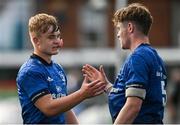 29 August 2021; Josh O'Hare, left, and Diarmuid Mangan of Leinster embrace after the IRFU U18 Men’s Interprovincial Championship Round 2 match between Leinster and Connacht at Energia Park in Dublin. Photo by Harry Murphy/Sportsfile
