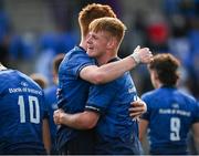 29 August 2021; Ronan Foxe of Leinster, right, and Daniel Leane of Leinster embrace after the IRFU U18 Men’s Interprovincial Championship Round 2 match between Leinster and Connacht at Energia Park in Dublin. Photo by Harry Murphy/Sportsfile