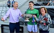 29 August 2021; An Taoiseach Micheál Martin TD and his wife Mary with their son, Nemo Rangers captain Micheal Aodh Martin, and the cup after the 2020 Cork County Senior Club Football Championship Final match between between Castlehaven and Nemo Rangers at Páirc Ui Chaoimh in Cork. Photo by Brendan Moran/Sportsfile