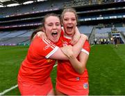 29 August 2021; Cork players Amy Lee, left, and Aoife O'Neill celebrate after their side's victory in the All-Ireland Senior Camogie Championship Semi-Final match between Cork and Kilkenny at Croke Park in Dublin. Photo by Piaras Ó Mídheach/Sportsfile