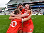 29 August 2021; Cork players, from left, Aoife O'Neill, Laura Hayes, and Amy Lee celebrate after their side's victory in the All-Ireland Senior Camogie Championship Semi-Final match between Cork and Kilkenny at Croke Park in Dublin. Photo by Piaras Ó Mídheach/Sportsfile