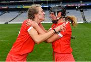 29 August 2021; Cork players Aisling Egan, left, and Laura Hayes celebrate after their side's victory in the All-Ireland Senior Camogie Championship Semi-Final match between Cork and Kilkenny at Croke Park in Dublin. Photo by Piaras Ó Mídheach/Sportsfile
