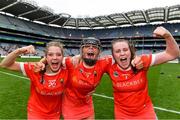 29 August 2021; Cork players, from left, Aoife O'Neill, Laura Hayes, and Amy Lee celebrate after their side's victory in the All-Ireland Senior Camogie Championship Semi-Final match between Cork and Kilkenny at Croke Park in Dublin. Photo by Piaras Ó Mídheach/Sportsfile