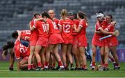 29 August 2021; Cork players celebrate after their victory in the All-Ireland Senior Camogie Championship Semi-Final match between Cork and Kilkenny at Croke Park in Dublin. Photo by Piaras Ó Mídheach/Sportsfile