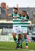 29 August 2021; Roberto Lopes of Shamrock Rovers celebrates after scoring his side's first goal, with team-mate Aidomo Emakhu, during the extra.ie FAI Cup second round match between Bohemians and Shamrock Rovers at Dalymount Park in Dublin. Photo by Stephen McCarthy/Sportsfile