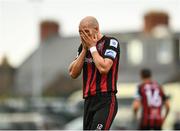 29 August 2021; Georgie Kelly of Bohemians reacts after being shown a red card by referee Neil Doyle during the extra.ie FAI Cup second round match between Bohemians and Shamrock Rovers at Dalymount Park in Dublin. Photo by Eóin Noonan/Sportsfile