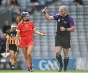 29 August 2021; Orla Cronin of Cork is shown the red card by referee John Dermody during the All-Ireland Senior Camogie Championship Semi-Final match between Cork and Kilkenny at Croke Park in Dublin. Photo by Piaras Ó Mídheach/Sportsfile