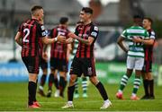 29 August 2021; Dawson Devoy of Bohemians, right, with Andy Lyons after the extra.ie FAI Cup second round match between Bohemians and Shamrock Rovers at Dalymount Park in Dublin. Photo by Eóin Noonan/Sportsfile