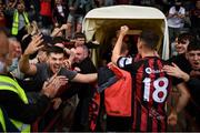 29 August 2021; Bohemians supporters celebrate following the extra.ie FAI Cup second round match between Bohemians and Shamrock Rovers at Dalymount Park in Dublin. Photo by Stephen McCarthy/Sportsfile