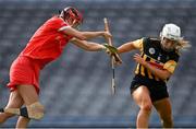 29 August 2021; Meighan Farrell of Kilkenny stops a shot on goal by Katrina Mackey of Cork during the All-Ireland Senior Camogie Championship Semi-Final match between Cork and Kilkenny at Croke Park in Dublin. Photo by Piaras Ó Mídheach/Sportsfile
