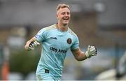 29 August 2021; Bohemians goalkeeper James Talbot celebrates at the final whistle of the extra.ie FAI Cup second round match between Bohemians and Shamrock Rovers at Dalymount Park in Dublin. Photo by Stephen McCarthy/Sportsfile