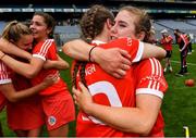 29 August 2021; Cork players Libby Coppinger, right, and Aoife O'Neill celebrate after their side's victory in the All-Ireland Senior Camogie Championship Semi-Final match between Cork and Kilkenny at Croke Park in Dublin. Photo by Piaras Ó Mídheach/Sportsfile