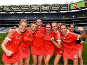 29 August 2021; Cork players, from left, Ciara O'Sullivan, Laura Hayes, Ashling Thompson, Fiona Keating, Isobel Sheehan, and Saoirse McCarthy celebrate after their side's victory in the All-Ireland Senior Camogie Championship Semi-Final match between Cork and Kilkenny at Croke Park in Dublin. Photo by Piaras Ó Mídheach/Sportsfile