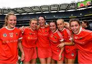 29 August 2021; Cork players, from left, Ciara O'Sullivan, Laura Hayes, Ashling Thompson, Fiona Keating, Isobel Sheehan, and Saoirse McCarthy celebrate after their side's victory in the All-Ireland Senior Camogie Championship Semi-Final match between Cork and Kilkenny at Croke Park in Dublin. Photo by Piaras Ó Mídheach/Sportsfile