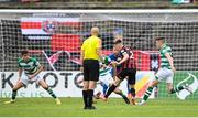 29 August 2021; Andy Lyons of Bohemians shoots to score his side's second goal during the extra.ie FAI Cup second round match between Bohemians and Shamrock Rovers at Dalymount Park in Dublin. Photo by Stephen McCarthy/Sportsfile