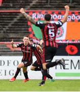 29 August 2021; Andy Lyons of Bohemians, centre, celebrates after scoring his side's second goal with team-mates Rob Cornwall, right, and Liam Burt during the extra.ie FAI Cup second round match between Bohemians and Shamrock Rovers at Dalymount Park in Dublin. Photo by Stephen McCarthy/Sportsfile