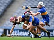 29 August 2021; Tipperary goalkeeper Caoimhe Bourke, centre, and team-mate Mairéad Eviston in action against Orlaith McGrath of Galway during the All-Ireland Senior Camogie Championship Semi-Final match between Tipperary and Galway at Croke Park in Dublin. Photo by Piaras Ó Mídheach/Sportsfile
