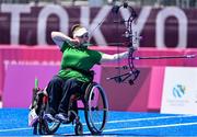 30 August 2021; Kerrie Leonard of Ireland competing in the W2 Compound Women's Open 1/8 Elimination Round against Stepanida Artakhinova of Russian Paralympic Committee at the Yumenoshima Park Archery Field on day six during the Tokyo 2020 Paralympic Games in Tokyo, Japan. Photo by Sam Barnes/Sportsfile