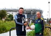 30 August 2021; Dublin manager Mick Bohan, left, and Meath manager Eamonn Murray during an AIG-LGFA media event with Croke Park in the background. They are looking forward to welcoming 40,000 fans into Croke Park for Sunday’s All-Ireland final. AIG is the official insurance partner of the LGFA and also announced a new 15% discount off car insurance for all LGFA members at www.aig.ie/lgfa. Photo by Ramsey Cardy/Sportsfile