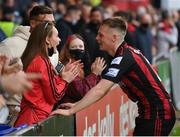 29 August 2021; Andy Lyons of Bohemians with girlfriend Annemarie Byrne following the extra.ie FAI Cup second round match between Bohemians and Shamrock Rovers at Dalymount Park in Dublin. Photo by Stephen McCarthy/Sportsfile