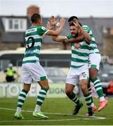 29 August 2021; Roberto Lopes, centre, celebrates with Shamrock Rovers team-mates Graham Burke, left, and Aidomo Emakhu after scoring their goal during the extra.ie FAI Cup second round match between Bohemians and Shamrock Rovers at Dalymount Park in Dublin. Photo by Stephen McCarthy/Sportsfile