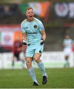 29 August 2021; Bohemians goalkeeper James Talbot celebrates his side's opening goal, scored by team-mate Ali Coote, not pictured, during the extra.ie FAI Cup second round match between Bohemians and Shamrock Rovers at Dalymount Park in Dublin. Photo by Stephen McCarthy/Sportsfile