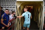 29 August 2021; Bohemians goalkeeper James Talbot with Bohemians supporter Killian Molloy following the extra.ie FAI Cup second round match between Bohemians and Shamrock Rovers at Dalymount Park in Dublin. Photo by Stephen McCarthy/Sportsfile