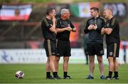 29 August 2021; Bohemians manager Keith Long, second from left, with, from left, first team player development coach Derek Pender, performance coach Philip McMahon and assistant manager Trevor Croly before the extra.ie FAI Cup second round match between Bohemians and Shamrock Rovers at Dalymount Park in Dublin. Photo by Stephen McCarthy/Sportsfile