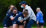 30 August 2021; Alice O’Dowd, centre, with Breakdown and Collision coach Charl Malherbe during a Leinster Rugby Womens Training Session at Kings Hospital in Lucan, Dublin. Photo by Harry Murphy/Sportsfile