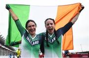 31 August 2021; Eve McCrystal, right, and Katie George Dunlevy of Ireland, celebrate with the Irish tri-colour after winning gold in the Women's B Time Trial at the Fuji International Speedway on day seven during the Tokyo 2020 Paralympic Games in Shizuoka, Japan. Photo by David Fitzgerald/Sportsfile