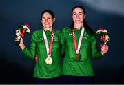 31 August 2021; Eve McCrystal, right, and Katie George Dunlevy of Ireland, celebrate with their gold medals after the Women's B Time Trial at the Fuji International Speedway on day seven during the Tokyo 2020 Paralympic Games in Shizuoka, Japan. Photo by David Fitzgerald/Sportsfile
