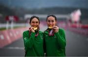31 August 2021; Katie-George Dunlevy, left, and Eve McCrystal of Ireland celebrate with their gold medals following the Women's B Time Trial at the Fuji International Speedway on day seven during the Tokyo 2020 Paralympic Games in Shizuoka, Japan. Photo by David Fitzgerald/Sportsfile
