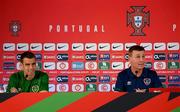 31 August 2021; Manager Stephen Kenny, right, and Seamus Coleman during a Republic of Ireland press conference at Estádio Algarve in Faro, Portugal. Photo by Stephen McCarthy/Sportsfile