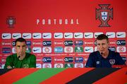 31 August 2021; Manager Stephen Kenny, right, and Seamus Coleman during a Republic of Ireland press conference at Estádio Algarve in Faro, Portugal. Photo by Stephen McCarthy/Sportsfile