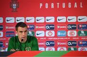 31 August 2021; Seamus Coleman during a Republic of Ireland press conference at Estádio Algarve in Faro, Portugal. Photo by Stephen McCarthy/Sportsfile