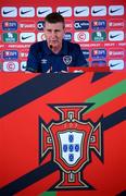 31 August 2021; Manager Stephen Kenny during a Republic of Ireland press conference at Estádio Algarve in Faro, Portugal. Photo by Stephen McCarthy/Sportsfile