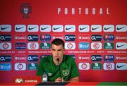 31 August 2021; Seamus Coleman during a Republic of Ireland press conference at Estádio Algarve in Faro, Portugal. Photo by Stephen McCarthy/Sportsfile