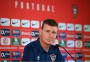 31 August 2021; Manager Stephen Kenny during a Republic of Ireland press conference at Estádio Algarve in Faro, Portugal. Photo by Stephen McCarthy/Sportsfile