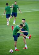 31 August 2021; Jayson Molumby and John Egan, right, during a Republic of Ireland training session at Estádio Algarve in Faro, Portugal. Photo by Stephen McCarthy/Sportsfile