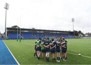 29 August 2021; Leinster players huddle before the IRFU U18 Men’s Interprovincial Championship Round 2 match between Leinster and Connacht at Energia Park in Dublin. Photo by Harry Murphy/Sportsfile