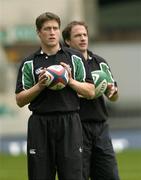 5 March 2004; Ireland out halves Ronan O'Gara, left, and David Humphreys during kicking practice at Twickenham Stadium, London, England. Picture credit; Brendan Moran / SPORTSFILE *EDI*