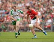 21 July 2013; Aidan O'Shea, Mayo, in action against Lorcan Mulvey, London. Connacht GAA Football Senior Championship Final, Mayo v London, Elverys MacHale Park, Castlebar, Co. Mayo. Picture credit: Stephen McCarthy / SPORTSFILE