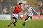 21 July 2013; Kevin McLoughlin, Mayo, in action against Seamus Hannon, London. Connacht GAA Football Senior Championship Final, Mayo v London, Elverys MacHale Park, Castlebar, Co. Mayo. Picture credit: Stephen McCarthy / SPORTSFILE